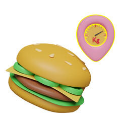 3d burger or hamburger with pin, weighing scale isolated. gain weight, lose weight concept, 3d render illustration