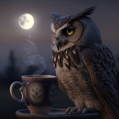 Owl at Night Drinking Tea