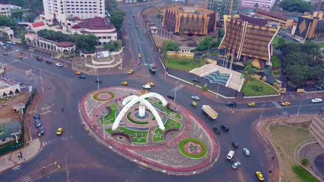 "I love my country Cameroon" roundabout downtown the capital Yaounde, aerial view