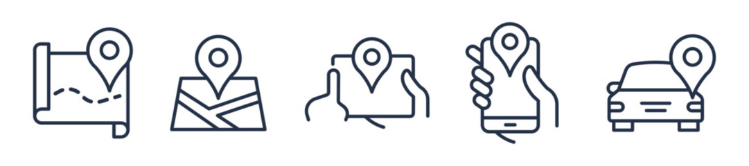 Location pin map, compass, map, distance, direction minimal line icons. Editable stroke. Vector graphic illustration. For website design, logo, app, template, ui, etc.