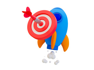 3d minimal financial target goal concept. strategy achievement. achieved the goal. wealth planning strategy concept. dart board with a rocket in the air. 3d illustration.