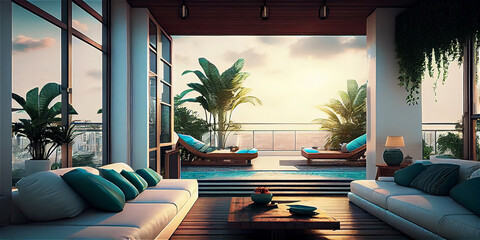 Impressive luxury penthouse terrace with a swimming pool overlooking Miami, generative AI - obrazy, fototapety, plakaty