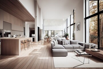 Fototapeta na wymiar Open plan kitchen and living space in a modern, sleek style, generative AI