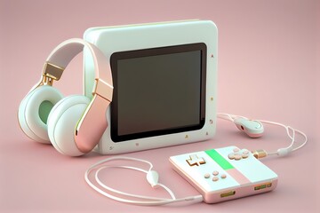 White gamers kit with headphones, geypad and game console, generative AI