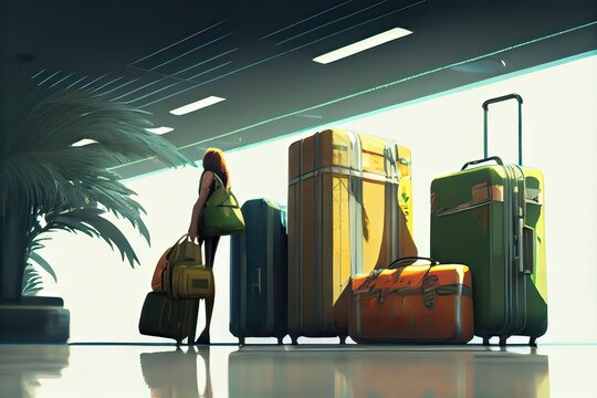 Woman With A Lot Of Luggage At The Airport, Generative AI