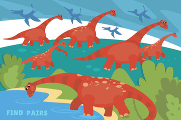 Cute and flying dinosaurs near lake. Find pairs.  Educational puzzle game for preschoolers. Vector scene illustration for worksheet and book design. Nature and animals. 