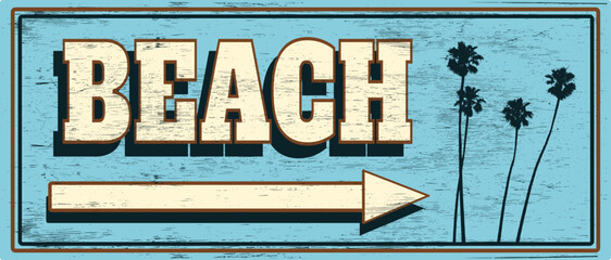 Vintage wood beach sign with palm trees