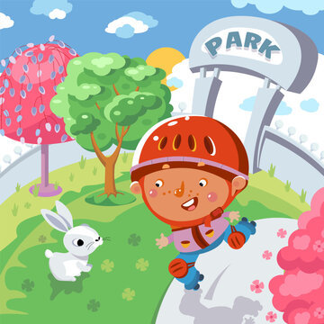 Cute boy skates on roller skates on path in park. Sport and children. Rabbit sitting on grass. Vector cartoon illustration scene for design. 