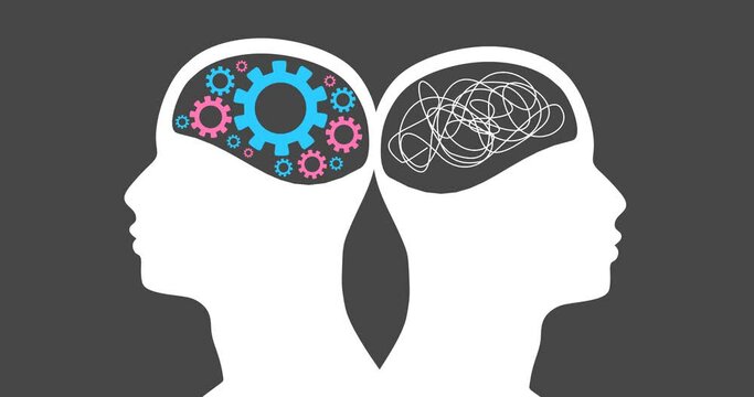 Metaphor bipolar disorder mind mental. Split personality. Concept mood disorder. Two head silhouette. Psychology and mental health. Dual personality concept. Tangle and order