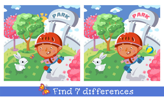 Find 7 hidden differences. Educational puzzle game for children. Cute boy skates on roller skates on path in park. Sport and children. Vector cartoon illustration.