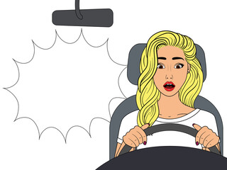 Surprised girl driving a car. Illustration on transparent background