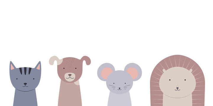 Cute animals set -  cat, dog, mouse, hedgehog. Illustration on transparent background