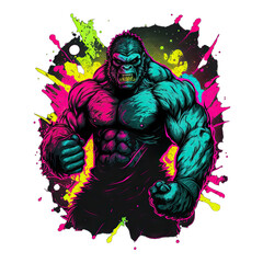 Epic, Unique, and Artistic Gorilla Animal Moscot Sports Team Logo T-Shirt Graphic Design in Tattoo Style with Neon Colors Isolated on Transparent Background PNG generative AI