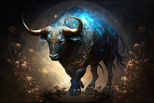 Backdrop of sacred zodiac Taurus symbols, astrology, alchemy, magic, sorcery and fortune telling. generative AI digital painting. Zodiac sign Taurus on the starry sky close up