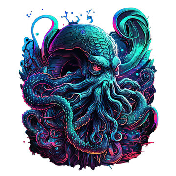 Epic, Unique, and Artistic Kraken Animal Moscot Sports Team Logo T-Shirt Graphic Design in Tattoo Style with Neon Colors Isolated on Transparent Background PNG generative AI