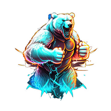 Epic, Unique, and Artistic polar bear Animal Moscot Sports Team Logo T-Shirt Graphic Design in Tattoo Style with Neon Colors Isolated on Transparent Background PNG generative AI