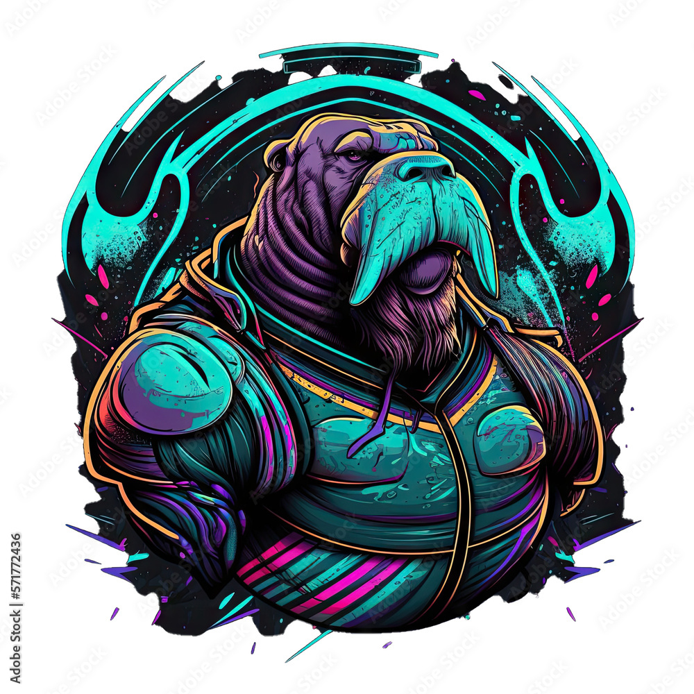 Wall mural Epic, Unique, and Artistic Walrus Animal Moscot Sports Team Logo T-Shirt Graphic Design in Tattoo Style with Neon Colors Isolated on Transparent Background PNG generative AI