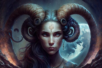 Backdrop of sacred zodiac Aries symbols, astrology, alchemy, magic, sorcery and fortune telling. generative AI digital painting. Zodiac sign Aries on the starry sky close up