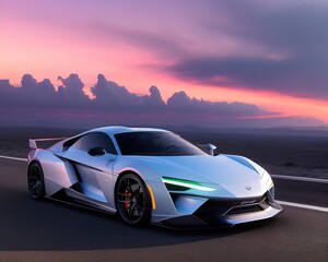 Naklejka premium Sport car on the road in the sunset, silver sport car, Generative AI
