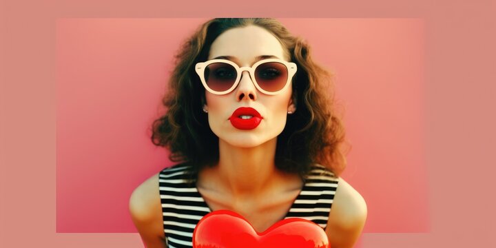 Sensual young brunette wearing sunglasses with red lipstick looking at the camera on pink background. Generative AI
