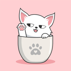 Cat in Mug Illustration With Sunglasses - Cute White Pussy Cat in Cups Mug