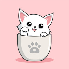 Cat in Mug Illustration - Cute White Pussy Cat Playing in Cups Mug