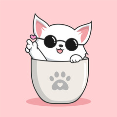 Cat in Mug Love Finger - Cute White Pussy Cat in Cups Mug Vector