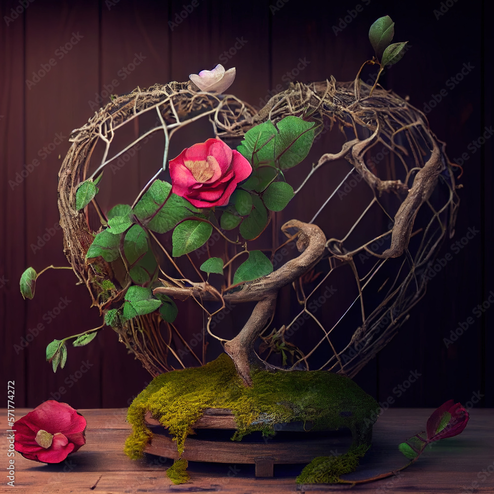 Wall mural generative ai: wire heart with roses on branches inside on the table