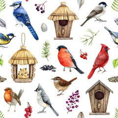 Garden village birds with natural elements seamless pattern. Watercolor wren, jay, robin illustration. Hand drawn small forest wild birds, natural elements, birdhouse, feeder on white background