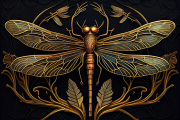 Generative AI: vector golden dragonfly stripes on black background