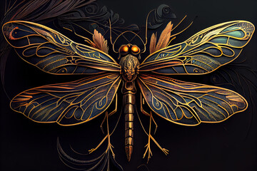Generative AI: vector golden dragonfly stripes on black background