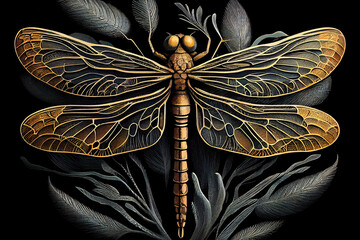 Generative AI: vector golden dragonfly stripes on black background - obrazy, fototapety, plakaty