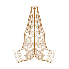 Mudra Namaste. Ornate hands folded in a welcome gesture. Mehendi - henna ornament on body. Illustration on transparent background