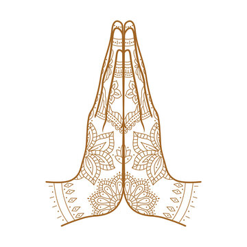 Mudra Namaste. Ornate hands folded in a welcome gesture. Mehendi - henna ornament on body. Illustration on transparent background
