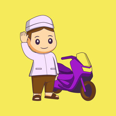 cute cartoons of moslem boy characters going to the mosque by motorbike