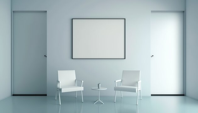 Room With A Chair On The Side And A Large White Frame, White Meeting Room With Large Pastel Frame Created With Generative AI Technology