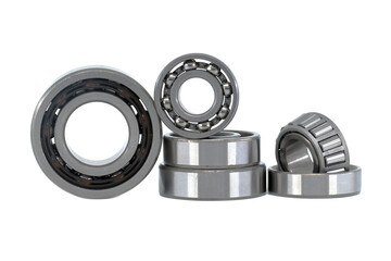 Set of various ball and roller bearings on white
