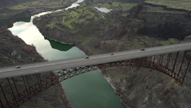 Aerial View of Perrine Memorial Bridge Above Snake River Canyon, Twin Falls Idaho USA. Traffic on US Highway Road