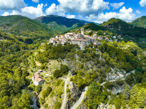 Aerial view of Antraigues sur Volane village in Ardeche, south of France