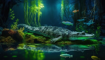 Naklejka na ściany i meble A crocodile in the water with reflections and ripples, and a gator in the wild. Generative Ai.