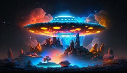 Naklejka na ściany i meble Alien UFO in the sky, jungle. Generative Ai.