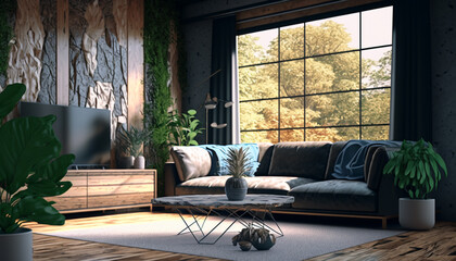 Nature motive living room. Generative AI