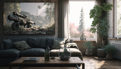 Nature motive living room. Generative AI