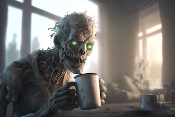 Just woke up. Tired Zombie Person Holding a Cup of Coffee. Feeling sleepy. Unable to function in the morning. 3D Render. Generative AI.