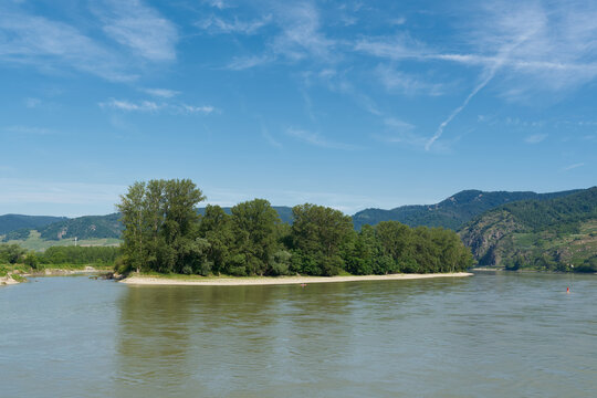 River landscape with Danube river in Wachau region near Duernstein in Austria