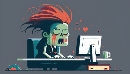 Zombie Office Worker Typing on a Computer Illustration. Working overtime. Burnout. Tired corporate employee. Cartoon. Generative AI.