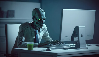 Zombie Office Worker Typing on a Computer Illustration. Working overtime. Burnout. Tired corporate employee. 3D Render. Generative AI.