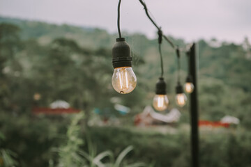 the light bulb lights up against a defocused green hill in the background,