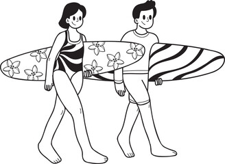 Hand Drawn Tourist couples with surfboards illustration in doodle style