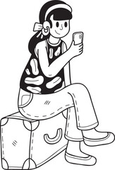 Hand Drawn Female tourist with suitcase and smartphone illustration in doodle style
